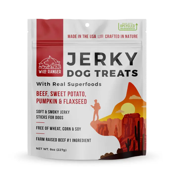 Wild Ranger Jerky Dog Treats packaging with desert landscape illustration on a white background