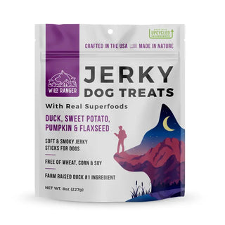 Jerky dog treats package with purple and white design on a white background