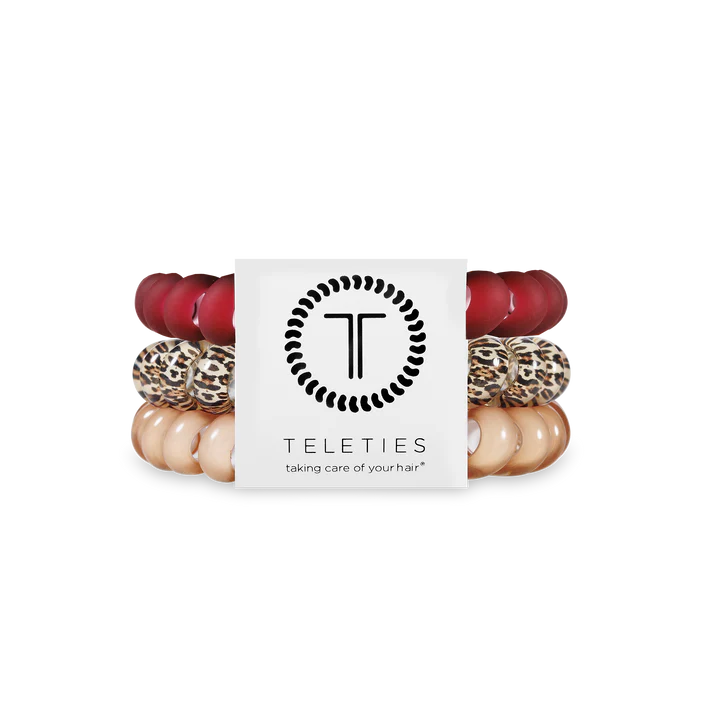 Set of hair ties with a Teleties branded card on a white background
