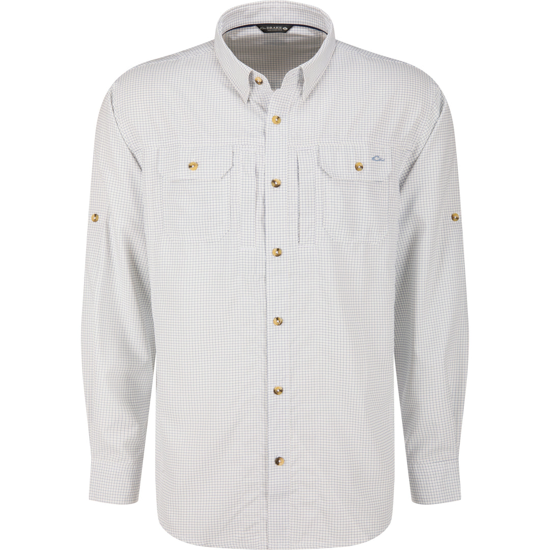 white button up shirt with blue grid pattern