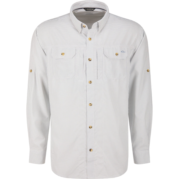 white button up shirt with blue grid pattern
