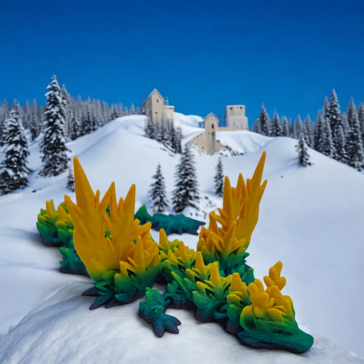 Colorful dragon-like creature on a snowy landscape with a castle and trees in the background