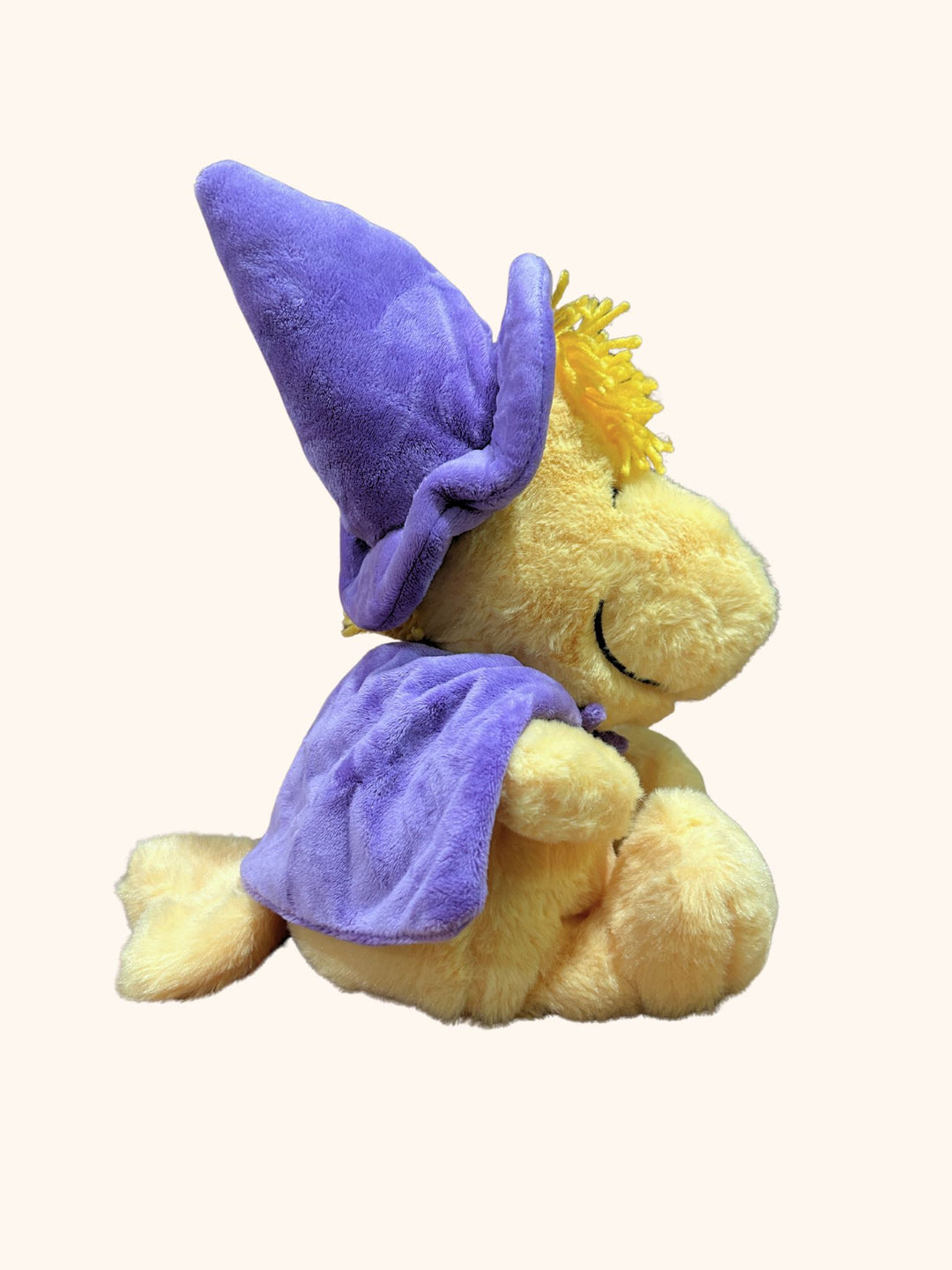 Plush toy with a purple outfit and hat on a white background