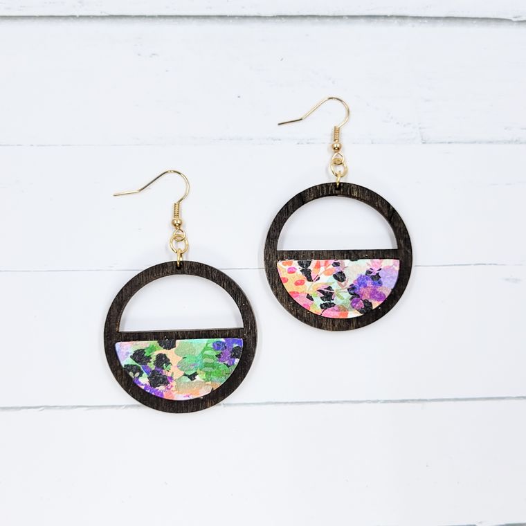 Wooden Circle- Watercolor Leopard Leather Earrings