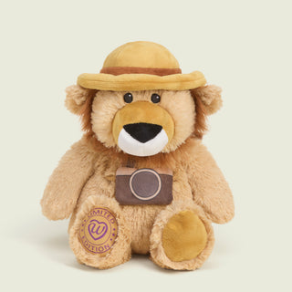 plush lion with a brown safari hat and a camera