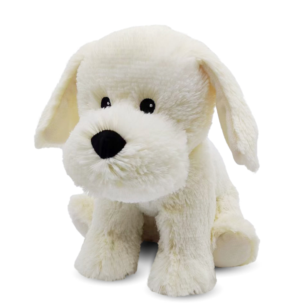 White plush dog toy with black nose on a white background