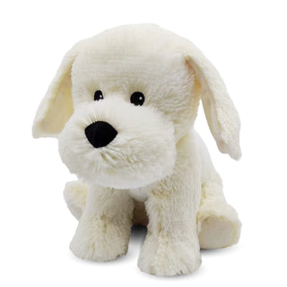 White plush dog toy with black nose on a white background