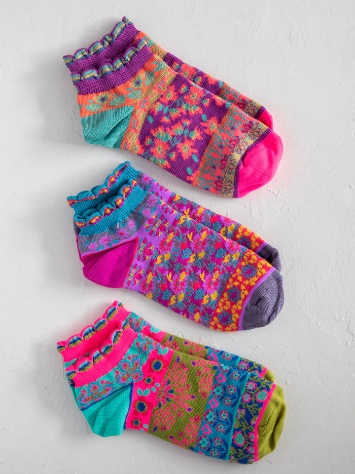 Cozy Ankle Socks Set of 3- Mustard Floral