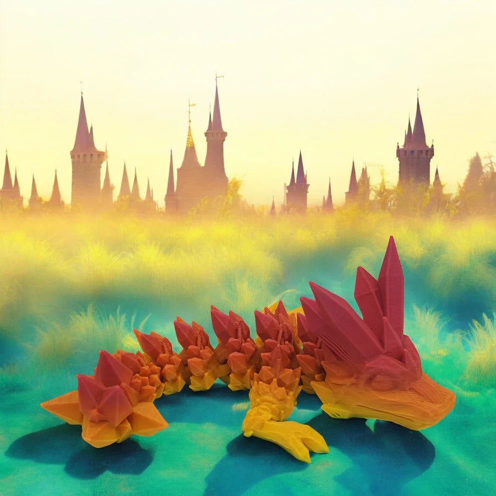Colorful dragon toy with a fantasy castle in the background