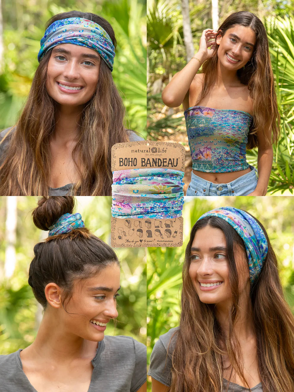 Collage of a woman wearing a colorful headband and boho bandeau top with natural life branding.