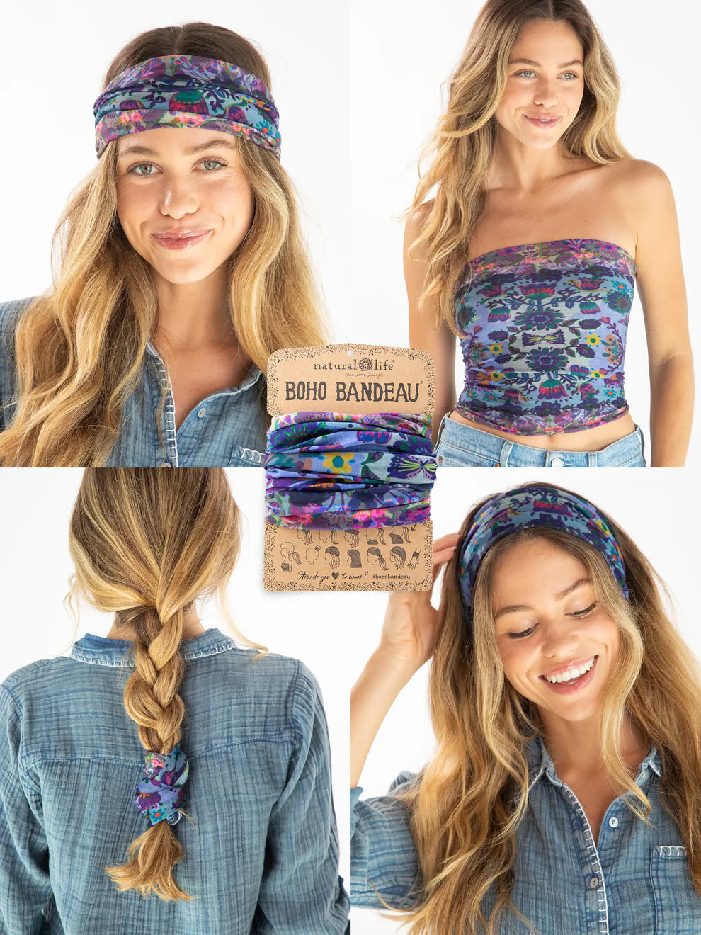 Woman wearing a floral headband and tube top with packaging labeled 'Boho Bandeau'.
