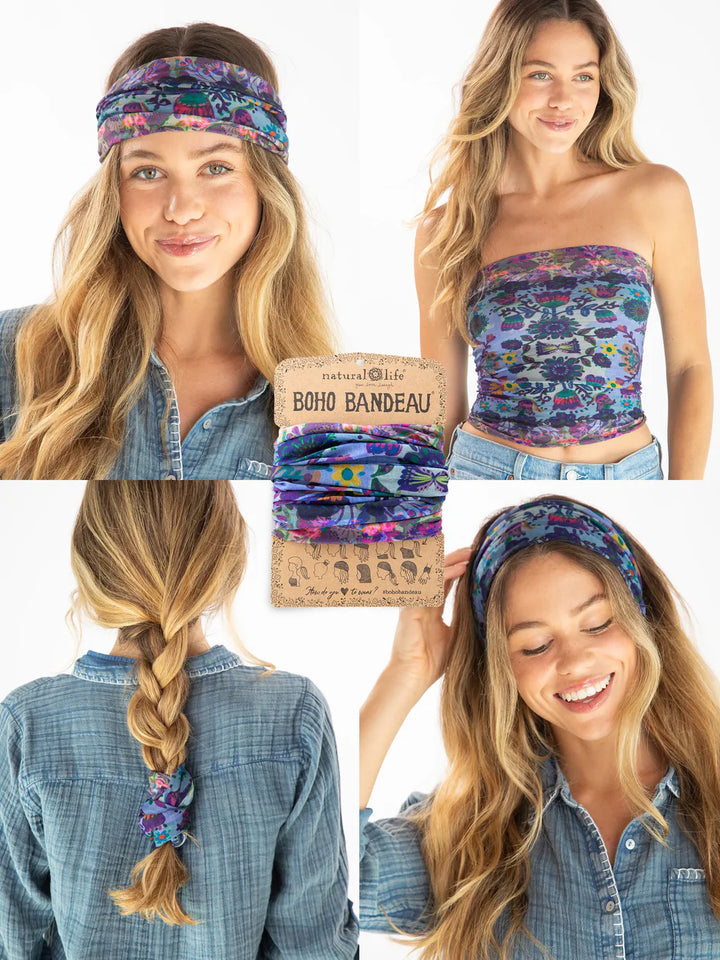 Woman wearing a floral headband and tube top with packaging labeled 'Boho Bandeau'.