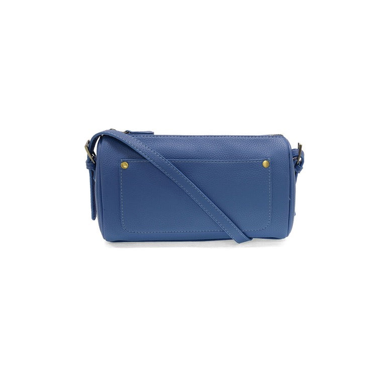 Blue handbag with a strap on a white background