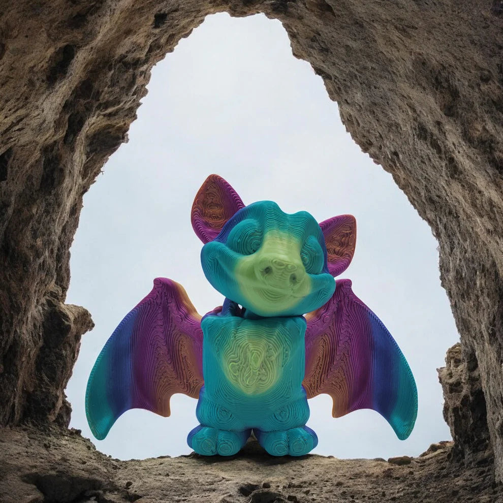 Colorful bat toy standing in a natural rock formation