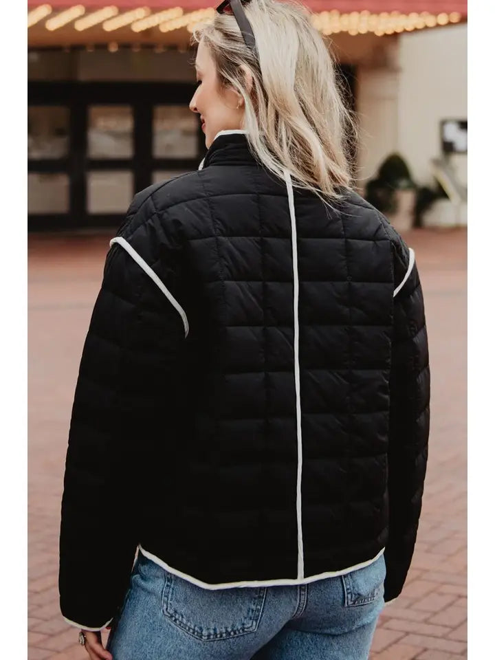 Black Quilted Puffer Jacket with White Trim