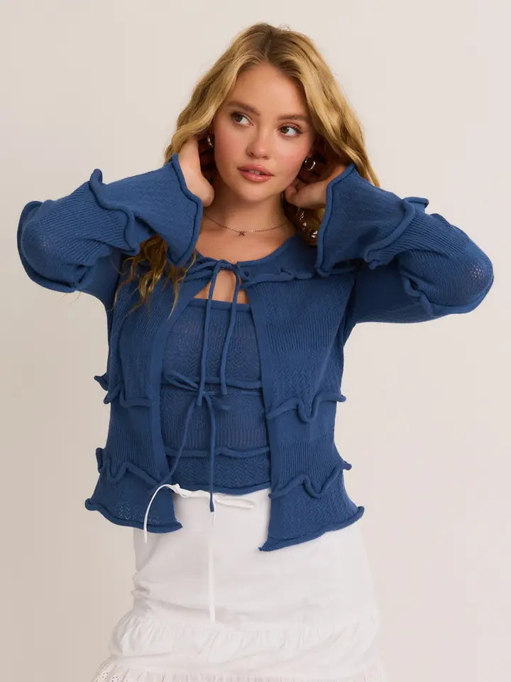 Blue long sleeve tie-front cropped cardigan with ruffle detailing