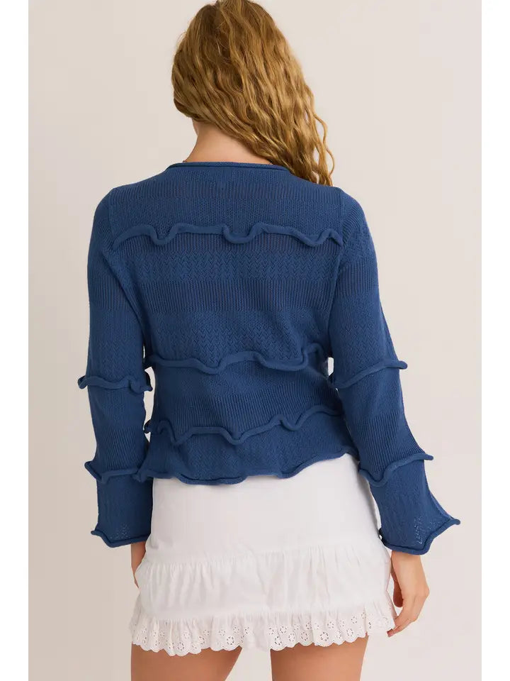 Ruffle Trim Tie-Front Cardigan in Dusty Blue
