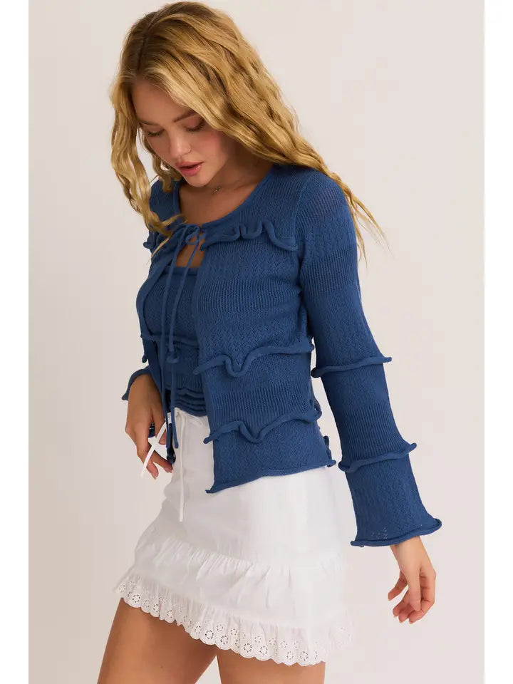 Ruffle Trim Tie-Front Cardigan in Dusty Blue