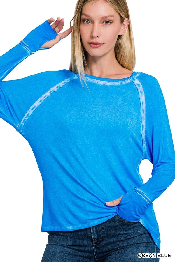 Blue Washed Top with Thumbholes