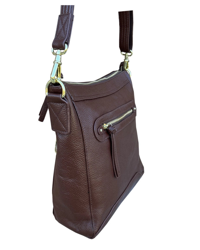 YKK Lockable Leather Crossbody Bag in Brown