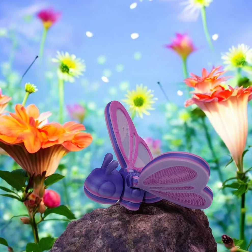 Butterfly-shaped fidget toy on a rock with flowers in the background