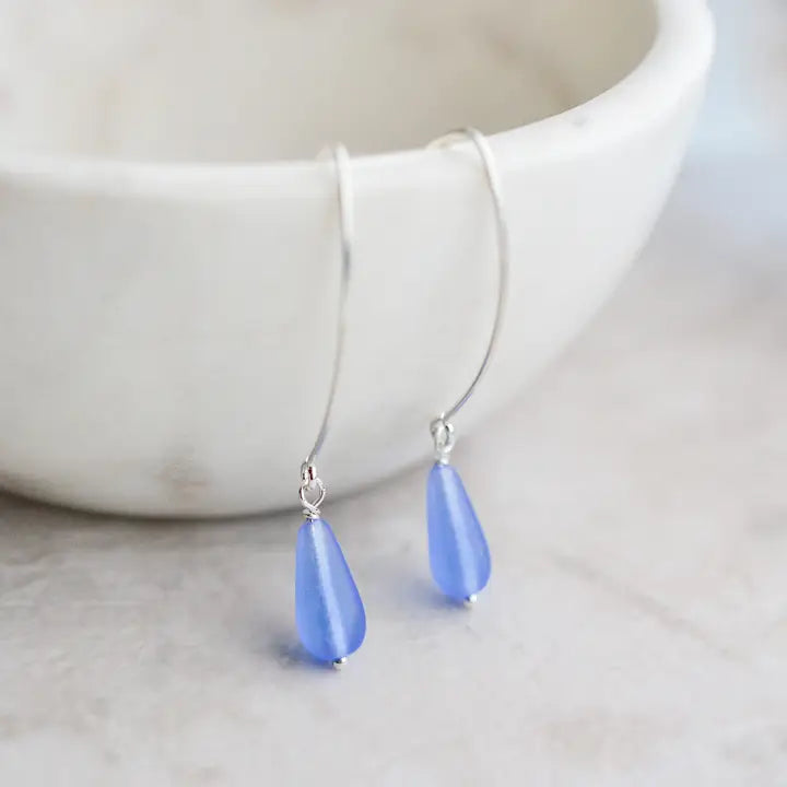 Eco Sapphire Blue Sea Glass Marquis Droplet Earrings