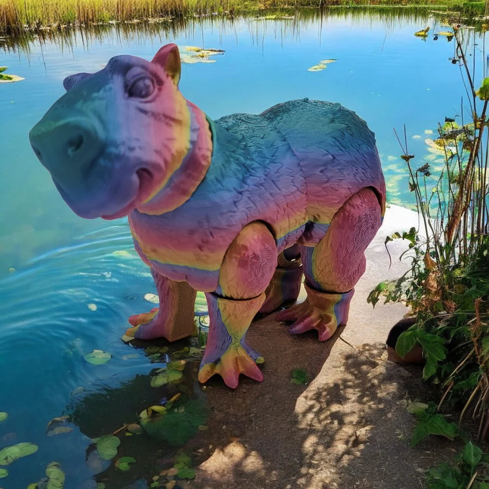 Colorful capybara fidget toy by a pond with water lilies