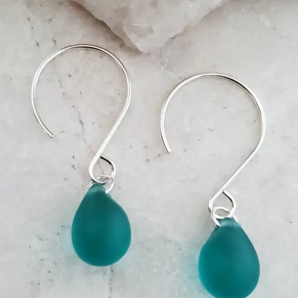 Silver Eco Teal Sea Glass Sea Droplets Earrings