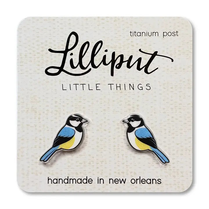 blue and yellow chickadee bird post earrings