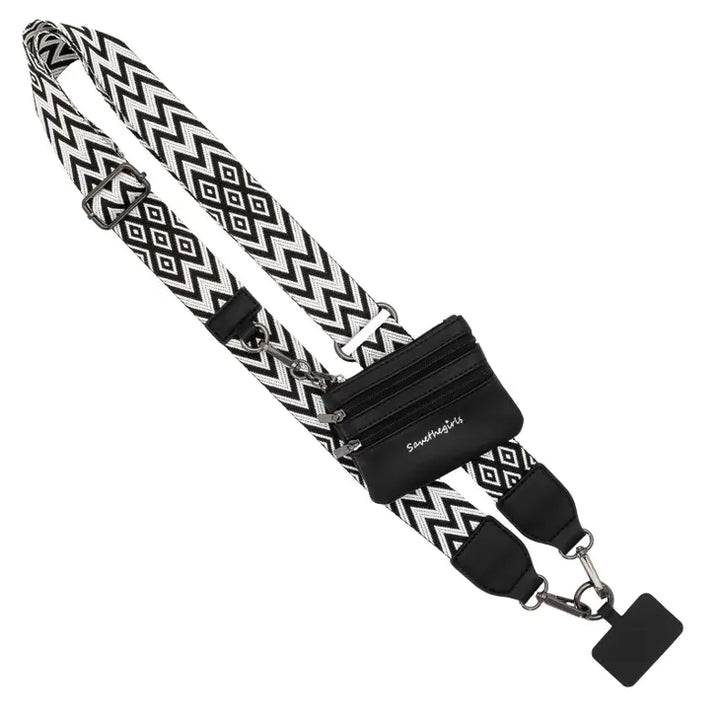 Clip and Go Crossbody Chain with Zippered Pouch in Black and White