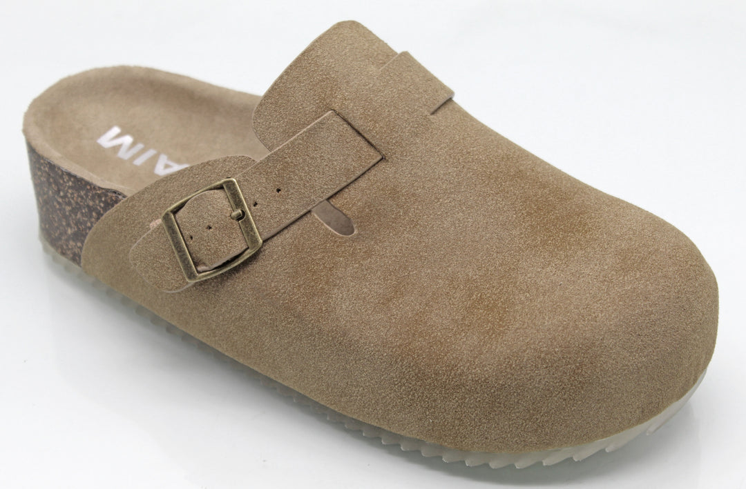 Brown clog shoe with a buckle on a white background