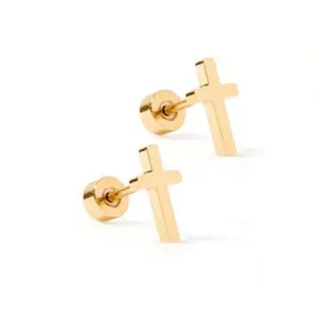 Gold cross-shaped earrings on a white background