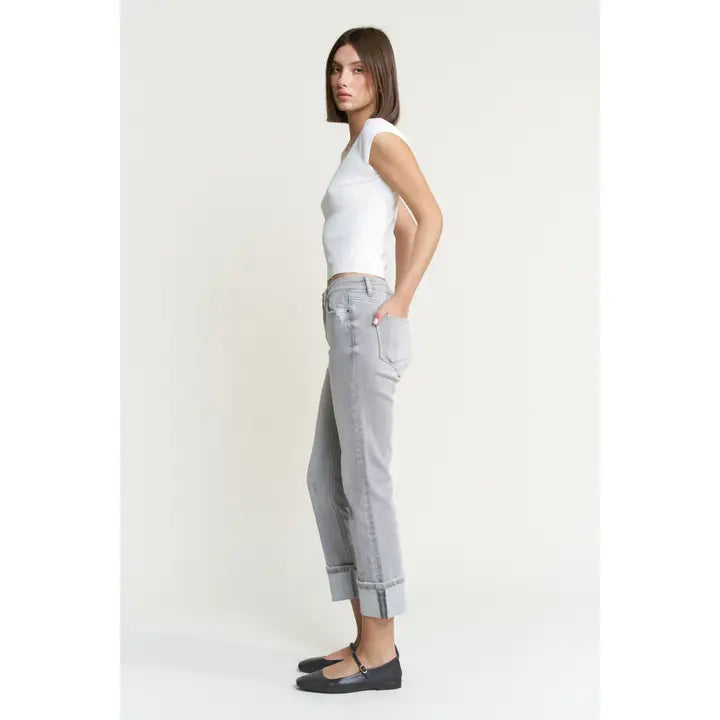 Mid Rise Cuffed Straight Leg Denim in Gray