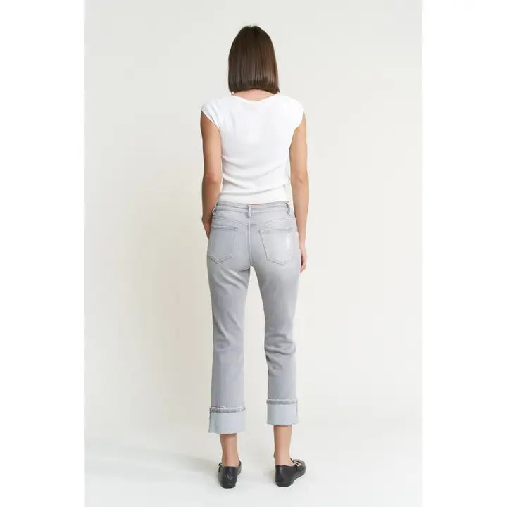 Mid Rise Cuffed Straight Leg Denim in Gray