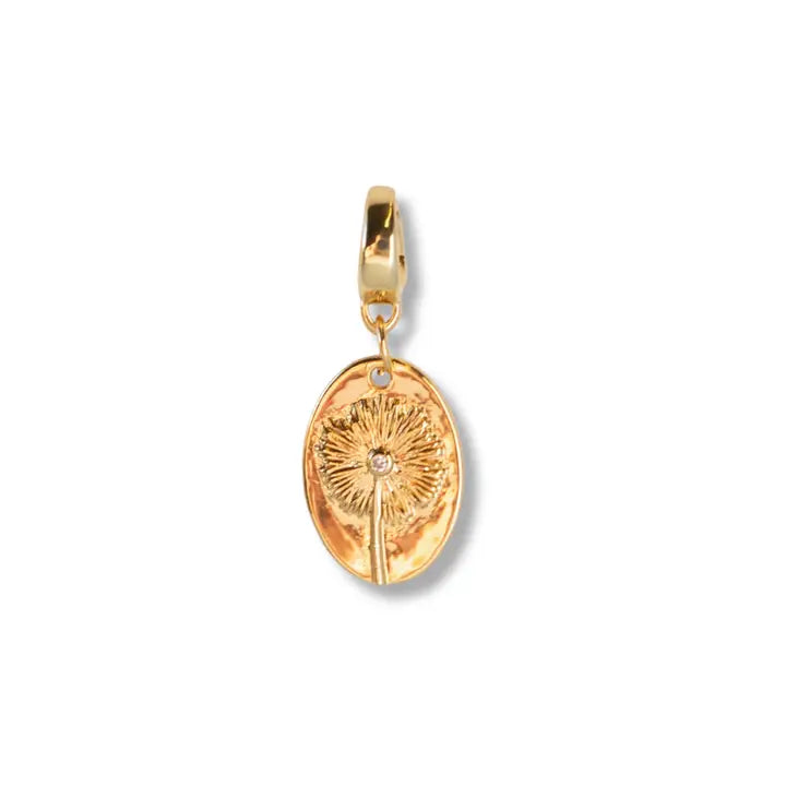 Gold pendant with a textured design on a white background