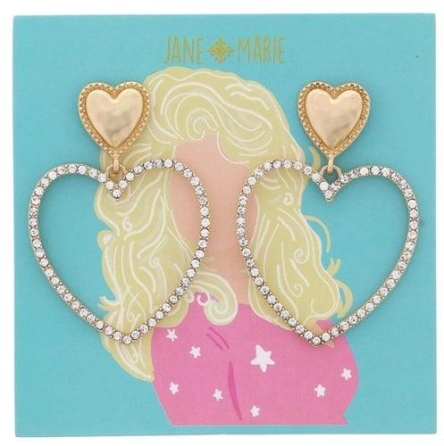 Gold Heart Post with Clear Crystal Open Heart Earrings
