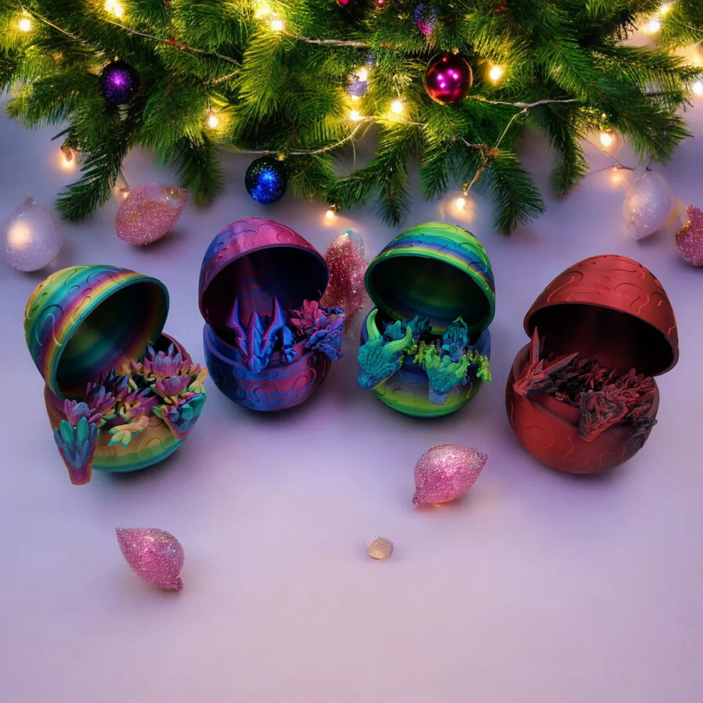 Colorful decorative eggs with coral designs under a Christmas tree.