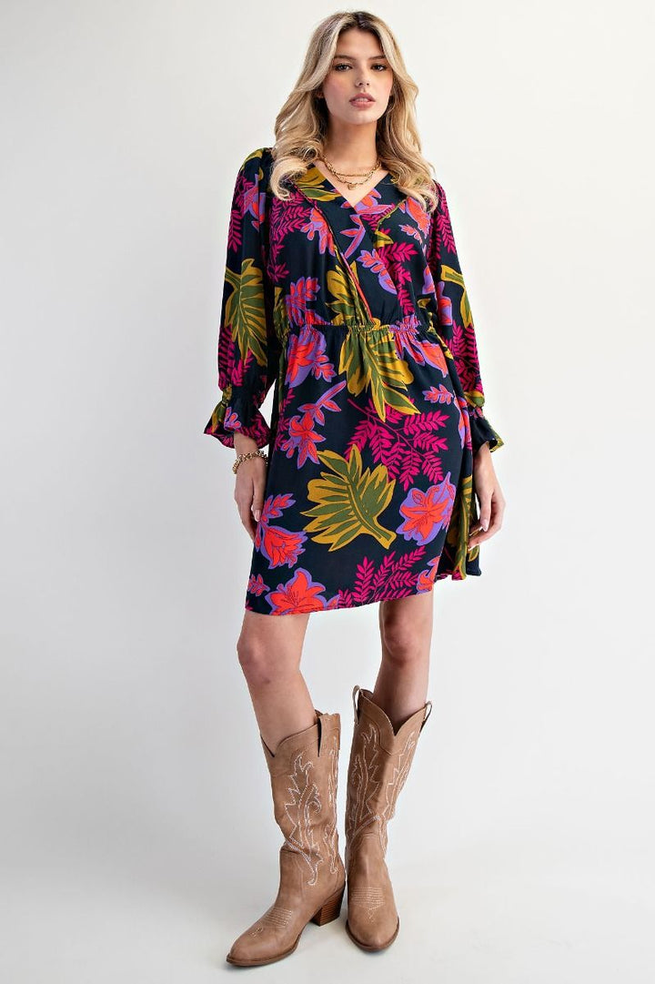 Printed Surplice Mini Dress in Eggplant