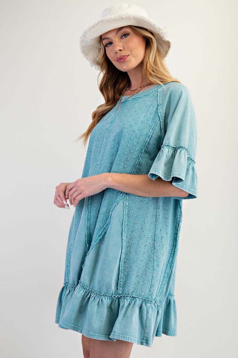 Eyelet Cotton Mini Dress in Faded Teal