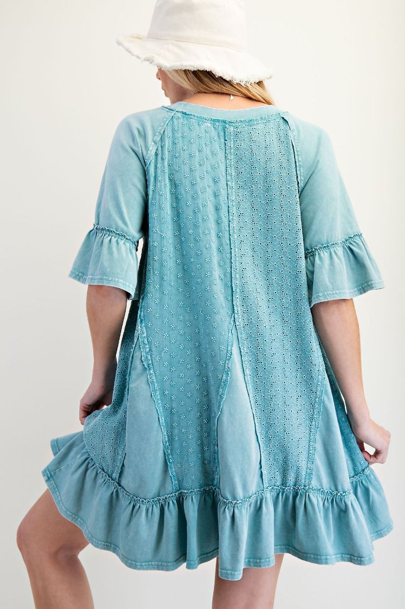 Eyelet Cotton Mini Dress in Faded Teal