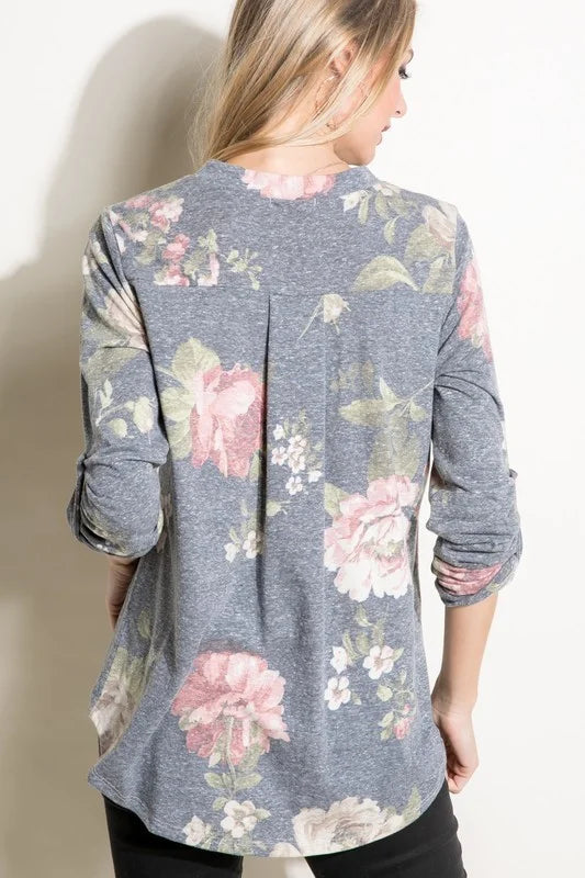 Floral Print Top with Rolled Sleeve