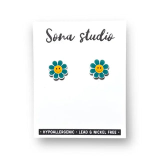 Green Smiley Flower Stud Earrings