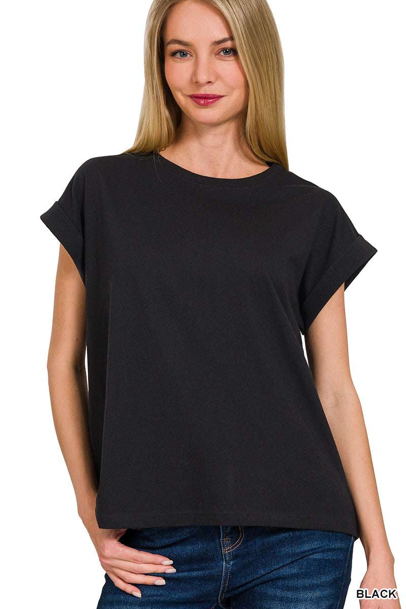 Woman wearing a black t-shirt on a white background