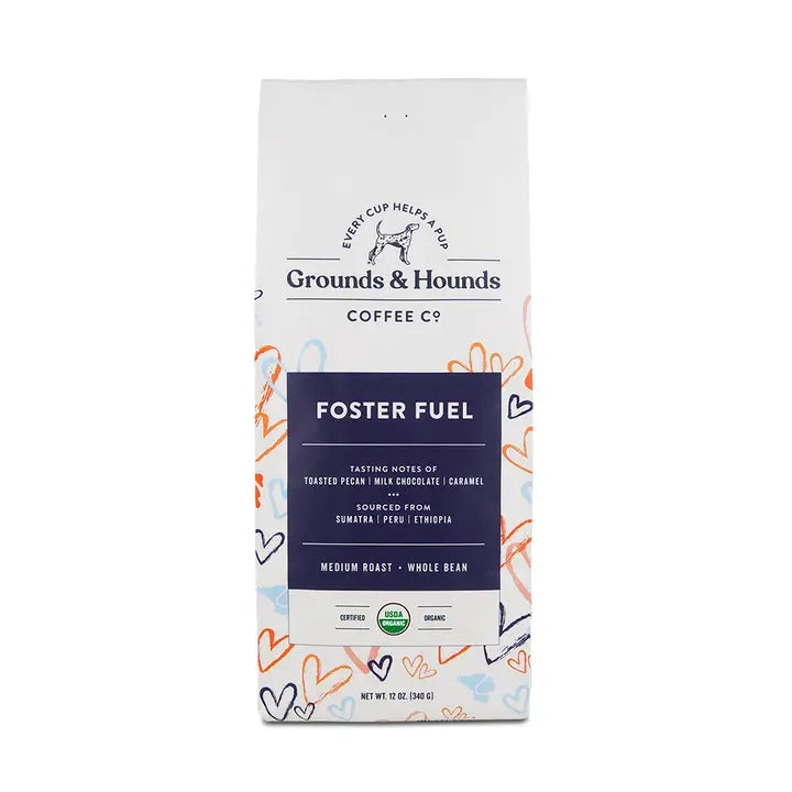 Grounds & Hounds Coffee Co. package with 'Foster Fuel' flavor on a white background