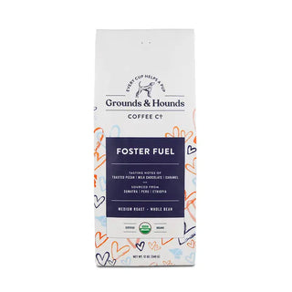 Grounds & Hounds Coffee Co. package with 'Foster Fuel' flavor on a white background
