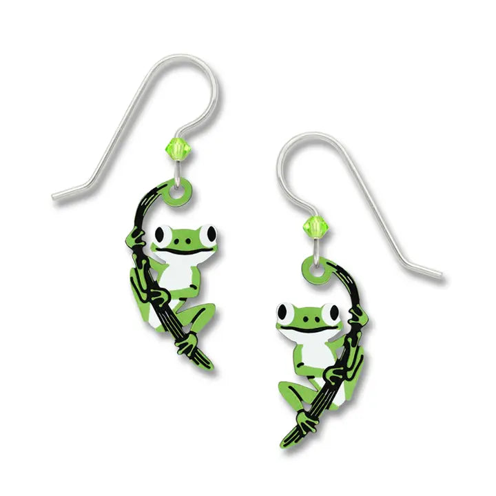 Green Tree Frog on Twig Earrings