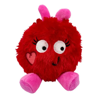 A red plush dog toy with a heart-shaped detail on the front, pink feet, and a textured surface.