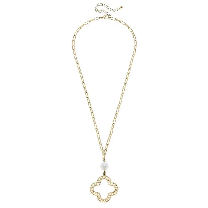 Nicole Pearl and Greek Keys Clover Necklace