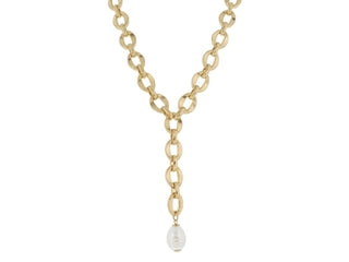Chunky Gold Lariat Cable Link Chain with Chunky Pearl Drop Necklace