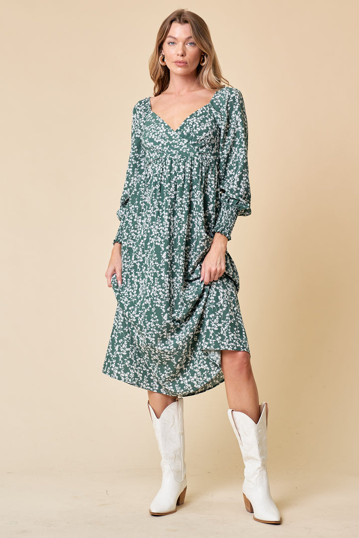 Green Floral Print Long Sleeve Midi Dress